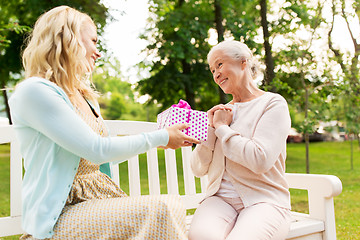 Image showing daughter giving present to senior mother at park