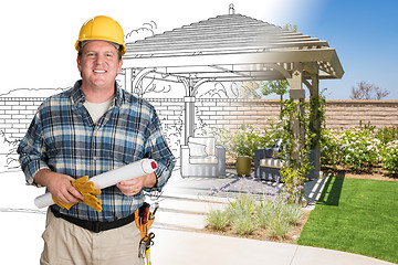 Image showing Male Contractor With House Plans Wearing Hard Hat In Front of Cu