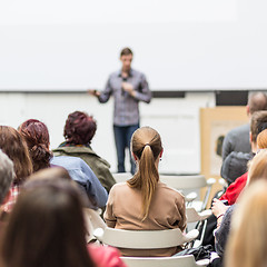 Image showing Public speaker giving talk at Business Event.