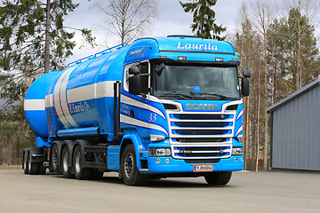 Image showing Blue and White Scania Tank Truck Parked