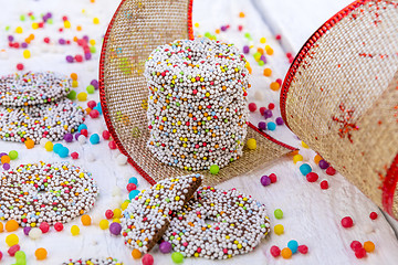 Image showing Colored chocolate rings with Christmas decoration