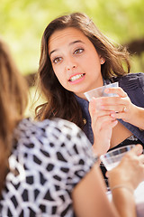 Image showing Expressive Young Adult Woman Having Drinks and Talking with Her 