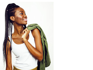 Image showing young pretty african-american girl posing cheerful emotional on 