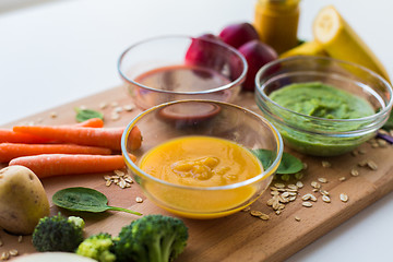 Image showing vegetable puree or baby food in glass bowls