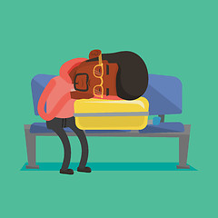 Image showing Exhausted man sleeping on suitcase at airport.