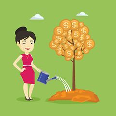 Image showing Woman watering money tree vector illustration.