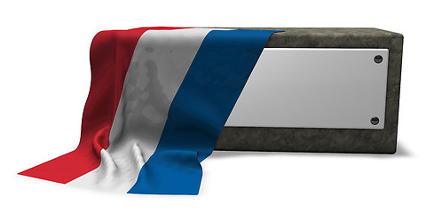 Image showing stone socket with blank sign and flag of the netherlands - 3d rendering