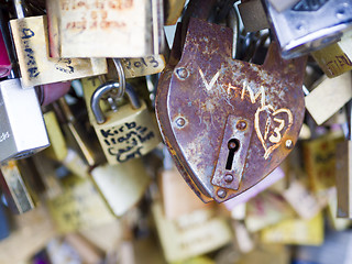 Image showing Love locks in Paris bridge symbol of friendship and romance