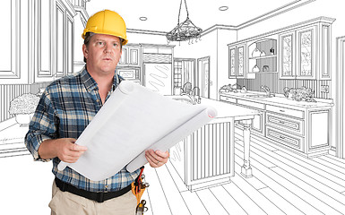 Image showing Male Contractor With House Plans Wearing Hard Hat In Front of Cu