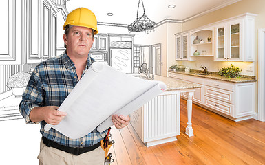 Image showing Male Contractor With House Plans Wearing Hard Hat In Front of Cu