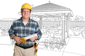 Image showing Male Contractor With House Plans Wearing Hard Hat In Front of Cu