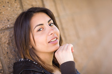 Image showing Beautiful Happy Mixed Race Young Woman Portrait Outside.