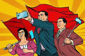 Image showing Chinese businessmen with smartphones and flags, poster socialist