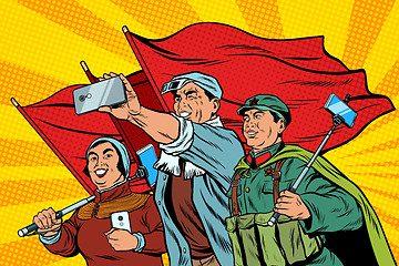 Image showing Chinese workers with smartphones selfie, poster socialist realis