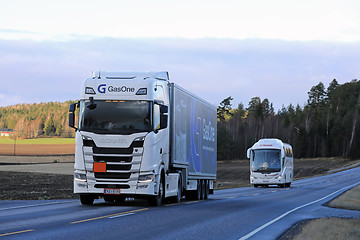 Image showing Scania Semi Truck and Bus on the Road