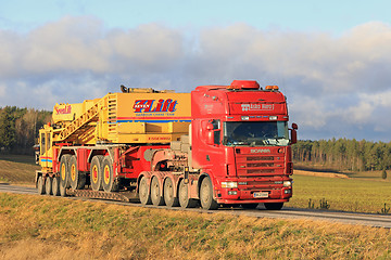 Image showing Scania 164G Semi Transports Harbour Crane on 