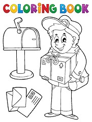 Image showing Coloring book mailman delivering box