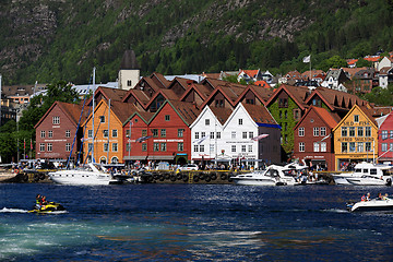 Image showing BERGEN HARBOR, NORWAY - MAY 27, 2017: Private boats on a row alo