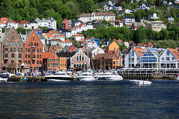 Image showing BERGEN HARBOR, NORWAY - MAY 27, 2017: Private boats on a row alo