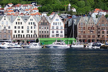 Image showing BERGEN HARBOR, NORWAY - MAY 27, 2017: Private boats on a row alo