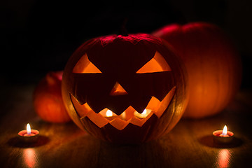 Image showing halloween jack-o-lantern burning in darkness