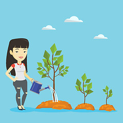 Image showing Business woman watering trees vector illustration.