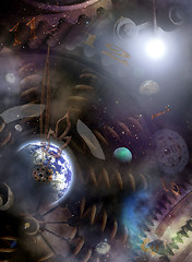 Image showing Universe Clock, fantastic illustration. The finger near to 12