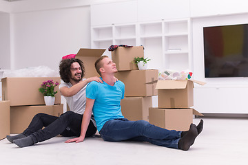 Image showing young  gay couple moving  in new house