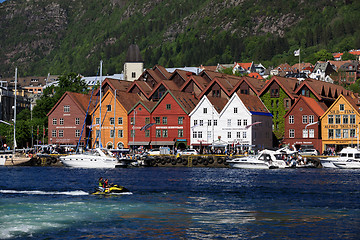 Image showing BERGEN HARBOR, NORWAY - MAY 27, 2017: Private boats on a row alo