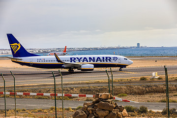 Image showing ARECIFE, SPAIN - APRIL, 15 2017: Boeing 737-800 of RYANAIR with 