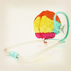 Image showing stethoscope and brain. 3d illustration. Vintage style.