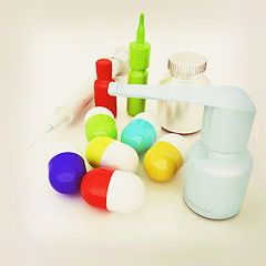 Image showing Syringe, tablet, pill jar. 3D illustration. Vintage style.