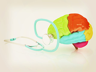 Image showing stethoscope and brain. 3d illustration. Vintage style.