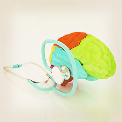 Image showing stethoscope and brain. 3d illustration. Vintage style.