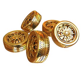 Image showing Golden wheels Set isolated on white. Top view. 3d illustration