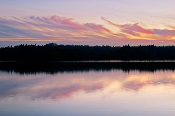 Image showing Romantic, colourful and beautiful sunset on Delsjön lake, Göteborg, Sweden