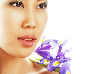 Image showing young pretty asian woman with flower orchid close up isolated sp