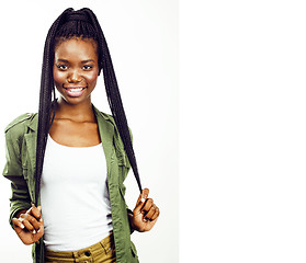 Image showing young pretty african-american girl posing cheerful emotional on 