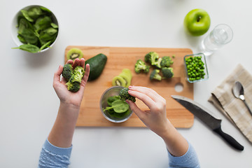 Image showing woman hand adding broccoli to measuring cup