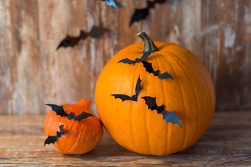 Image showing pumpkins with bats or halloween party decorations