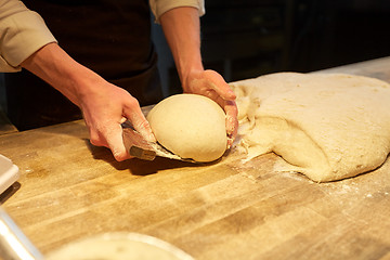 Image showing baker portioning dough with bench cutter at bakery