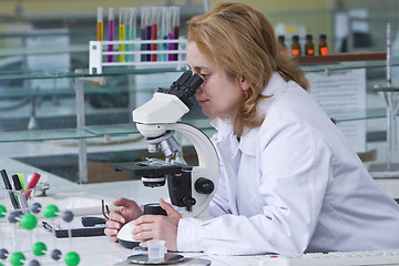 Image showing Looking through a microscope