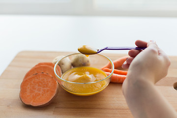 Image showing hand with vegetable puree or baby food in spoon