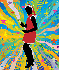 Image showing Santa girl dancing on abstract background with stars