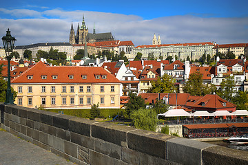 Image showing Panoramic view on St. Vitus Cathedral from Charles Bridge in Pra