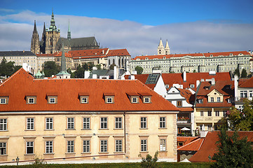 Image showing Panoramic view on St. Vitus Cathedral from Charles Bridge in Pra