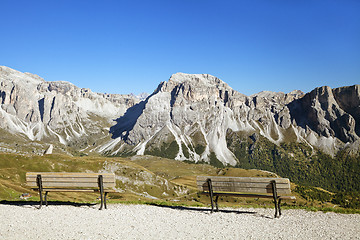 Image showing Viewpoint with benches in Dolomite Alps