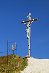 Image showing Cross on the top of a mountain in Dolomites