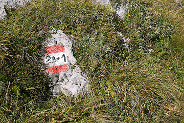 Image showing Trail marker for hikers on a sunny day