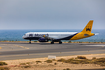 Image showing ARECIFE, SPAIN - APRIL, 16 2017: AirBus A321 of Monarch Airlines